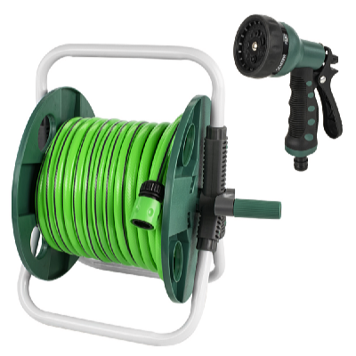 Garden King Tambur manual pentru furtun 1/2" 35 m HL067N + Furtun de grădină GREENTECH 1/2" 25 m + Pistol de stropit 7 funcții