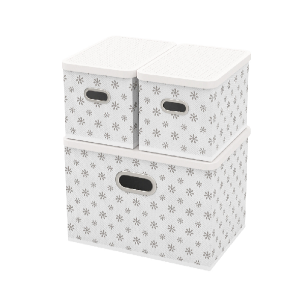 HomeLife Tároló doboz fedéllel, 3 db-os készlet - fehér virágok